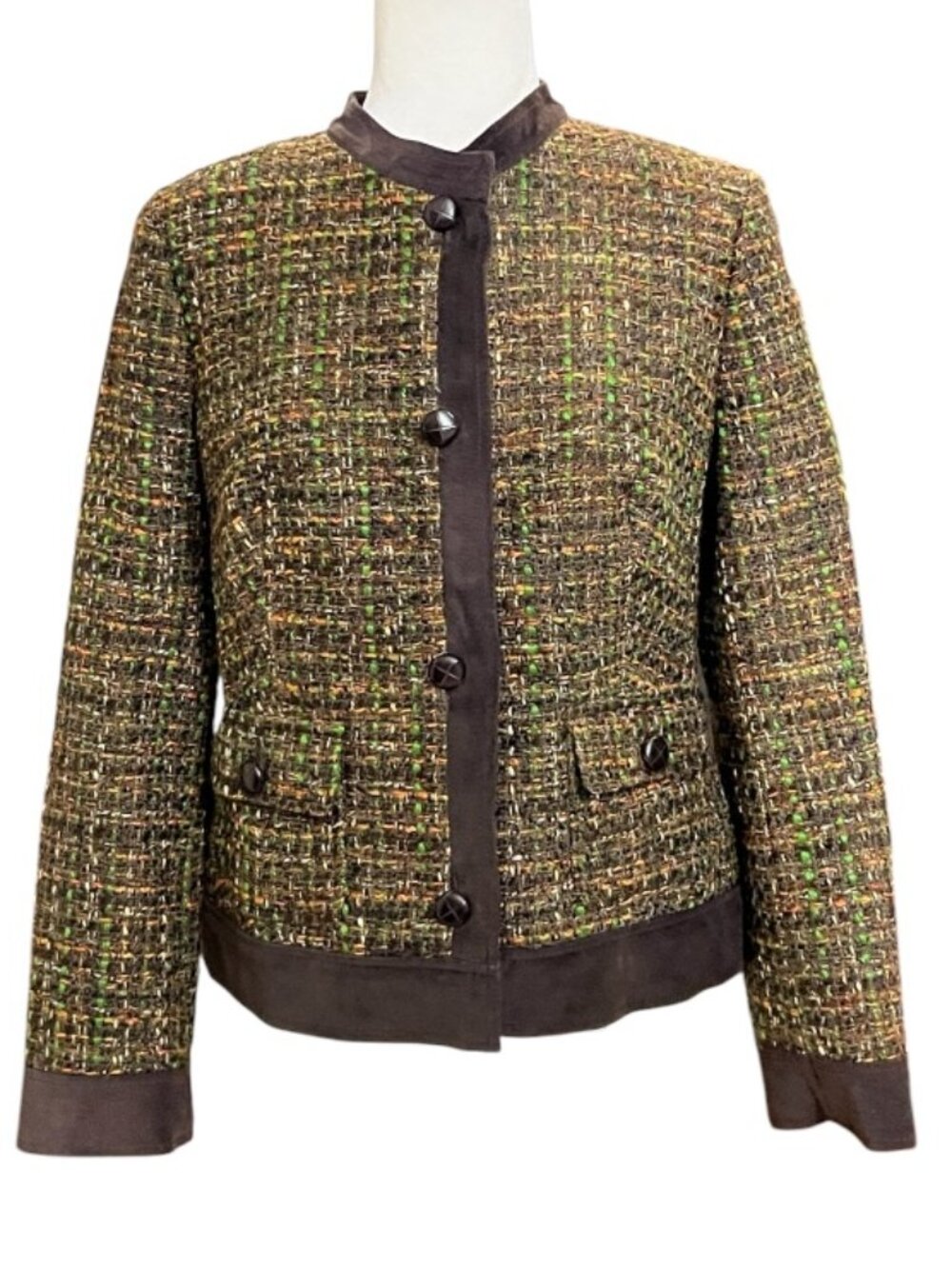 Talbots Petites Tweed Jacket 10P Brown Green Boucle Blazer Velvet Trim Classic